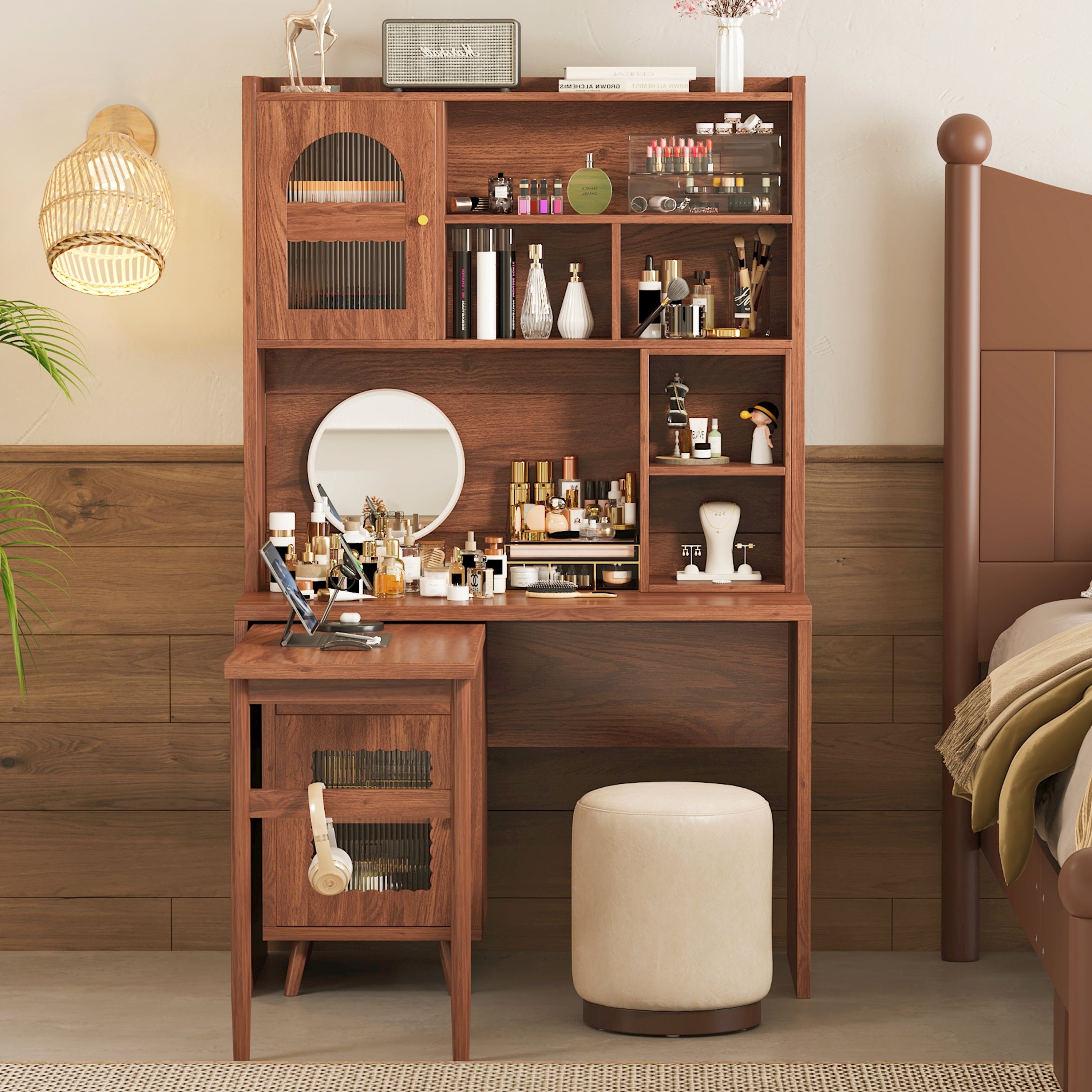 Anthony & Home rotating desk with storage from the Studio Collection, featuring a sleek wooden surface and integrated storage compartments.