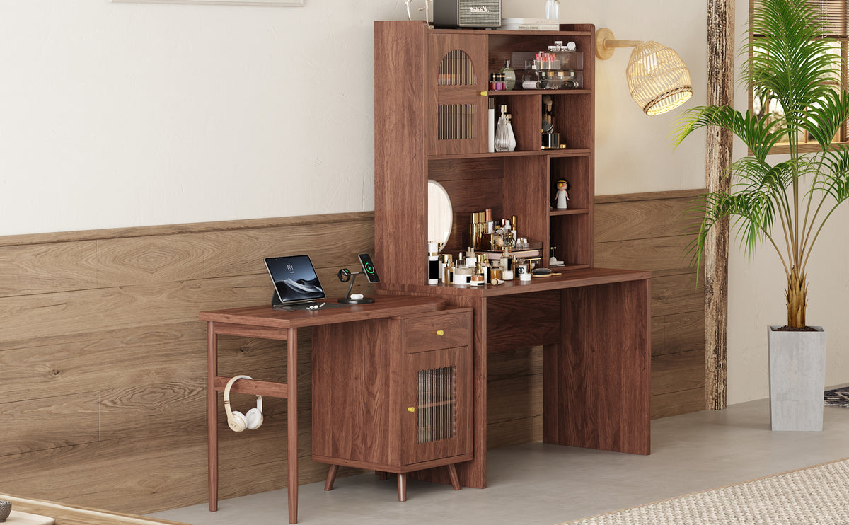 Rotating desk with storage from Anthony & Home Studio Collection, featuring a sleek wooden surface and built-in compartments.