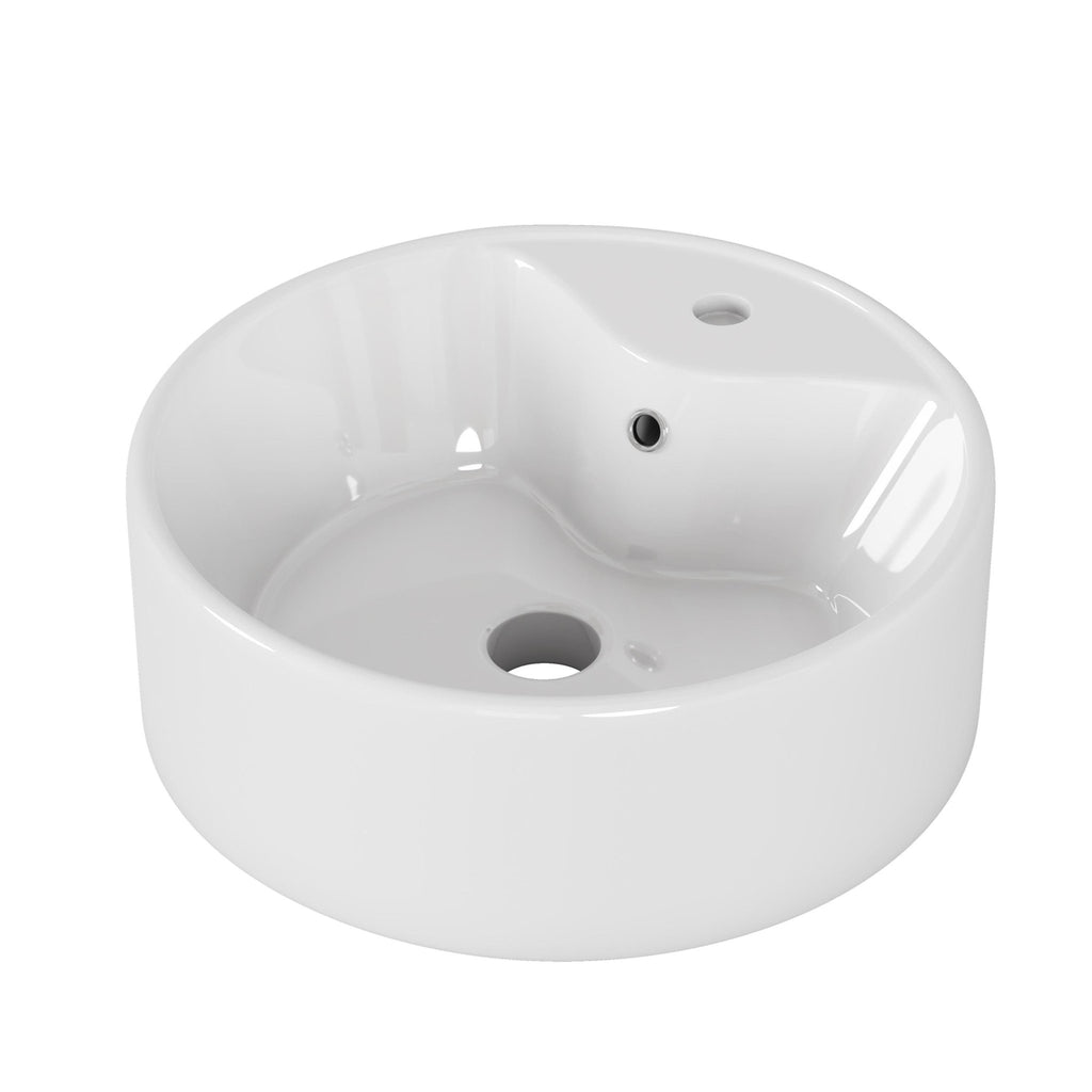 Glossy white round ceramic vessel sink by Anthony & Home, designed for bathroom use, with smooth, curved surface.