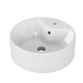 Glossy white round ceramic vessel sink by Anthony & Home, designed for bathroom use, with smooth, curved surface.