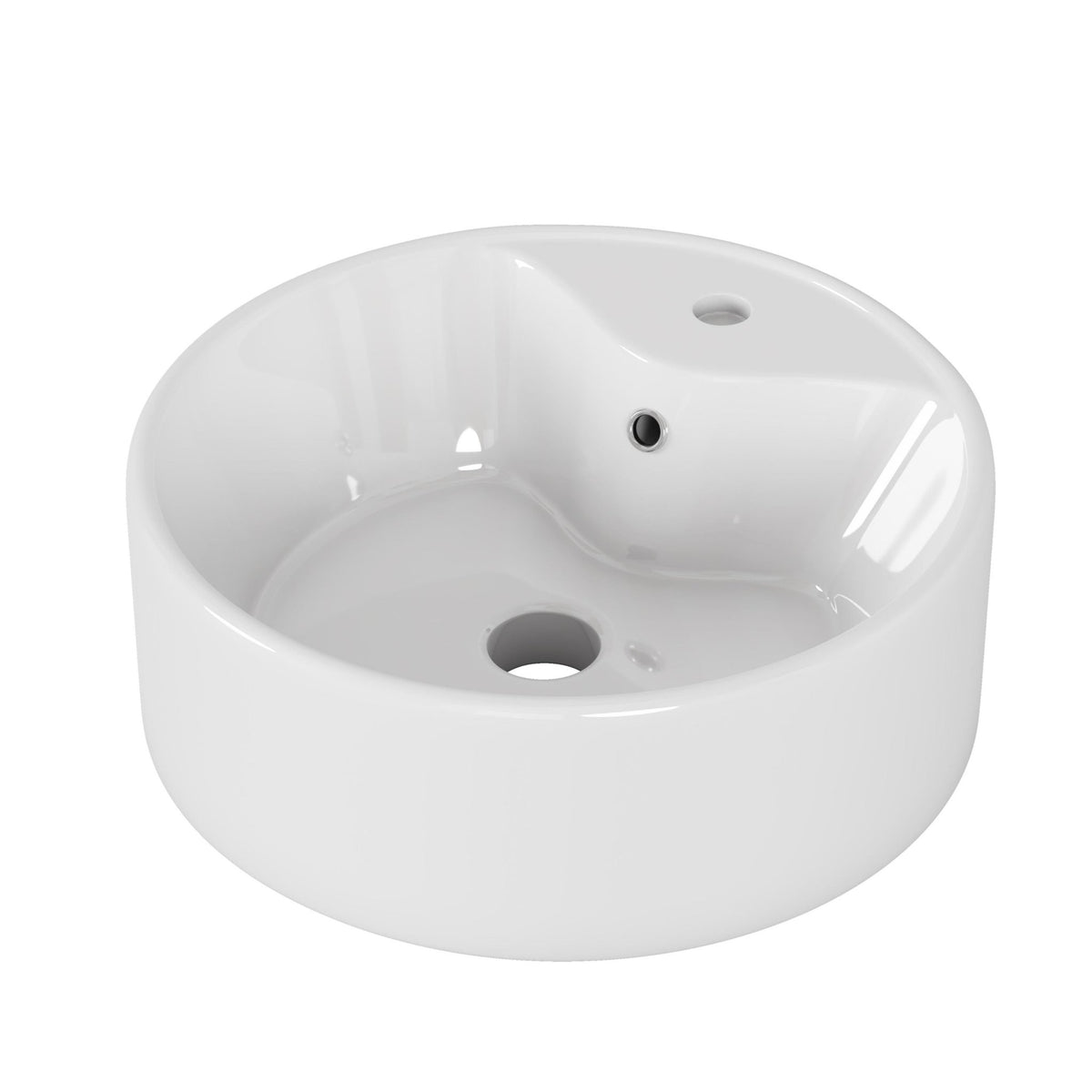 Glossy white round ceramic vessel sink by Anthony & Home, designed for bathroom use, with smooth, curved surface.