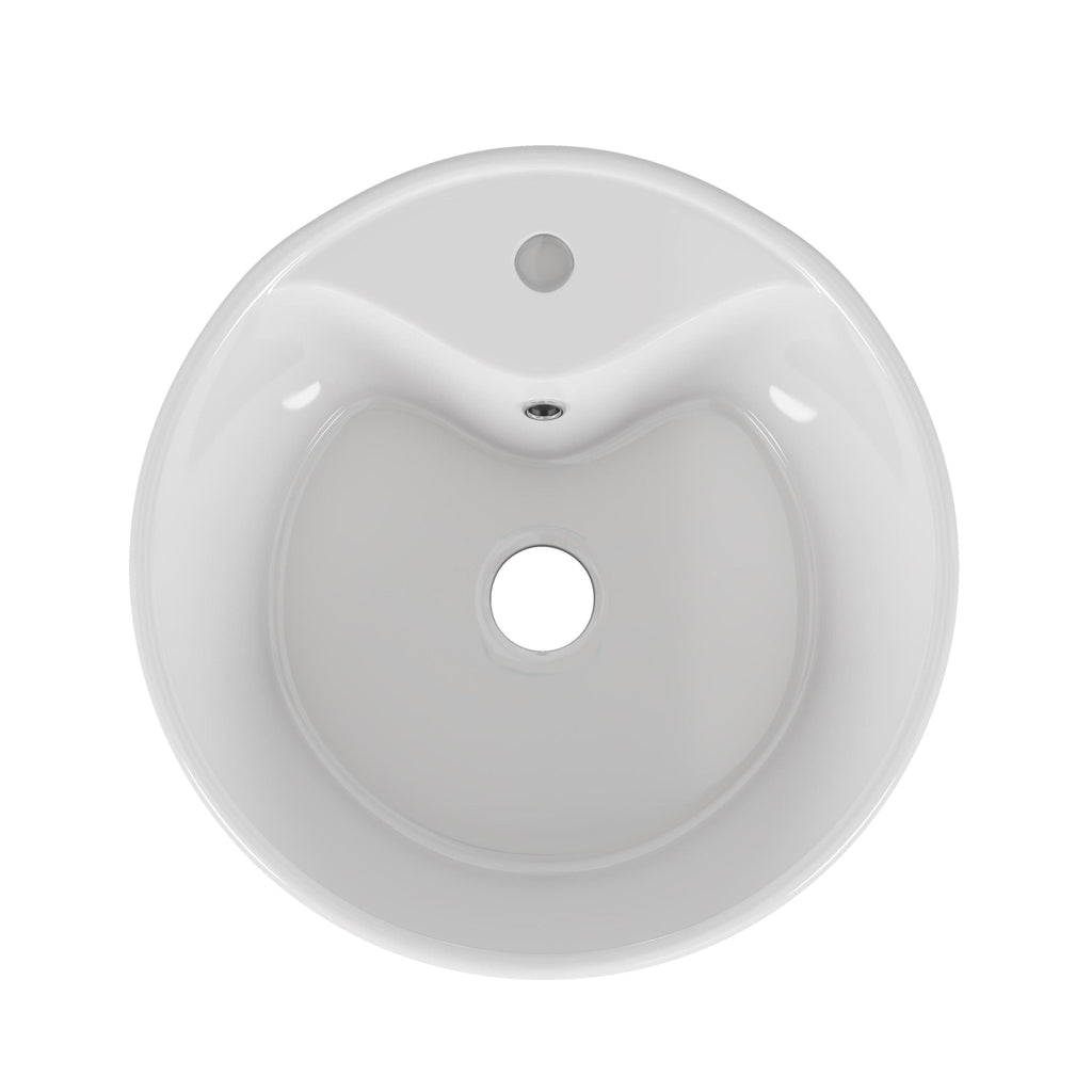 Round glossy white ceramic vessel sink for bathroom by Anthony & Home, showcasing a smooth, modern design.