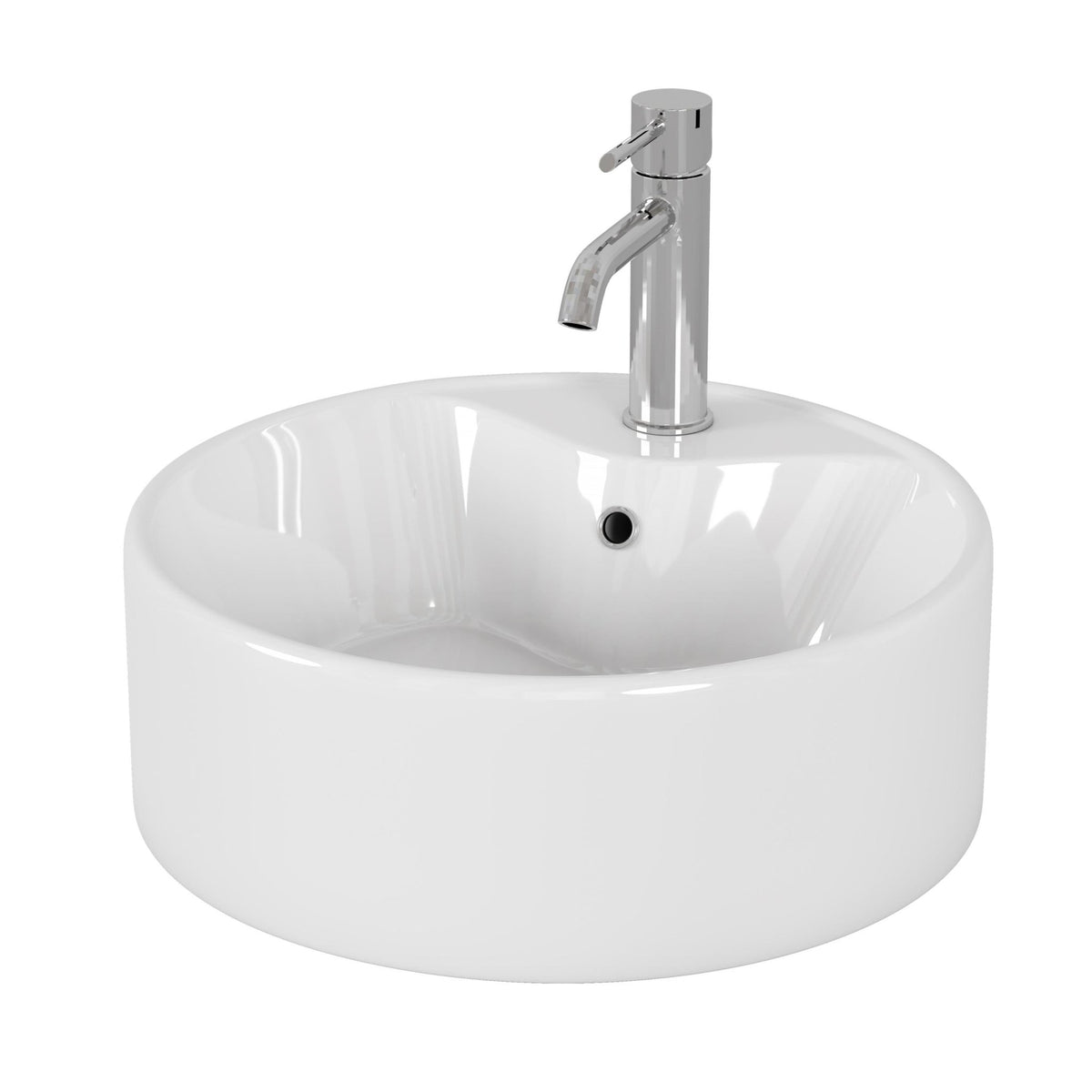 Glossy white round ceramic vessel sink for bathroom by Anthony & Home, showing smooth, glossy surface and modern design.