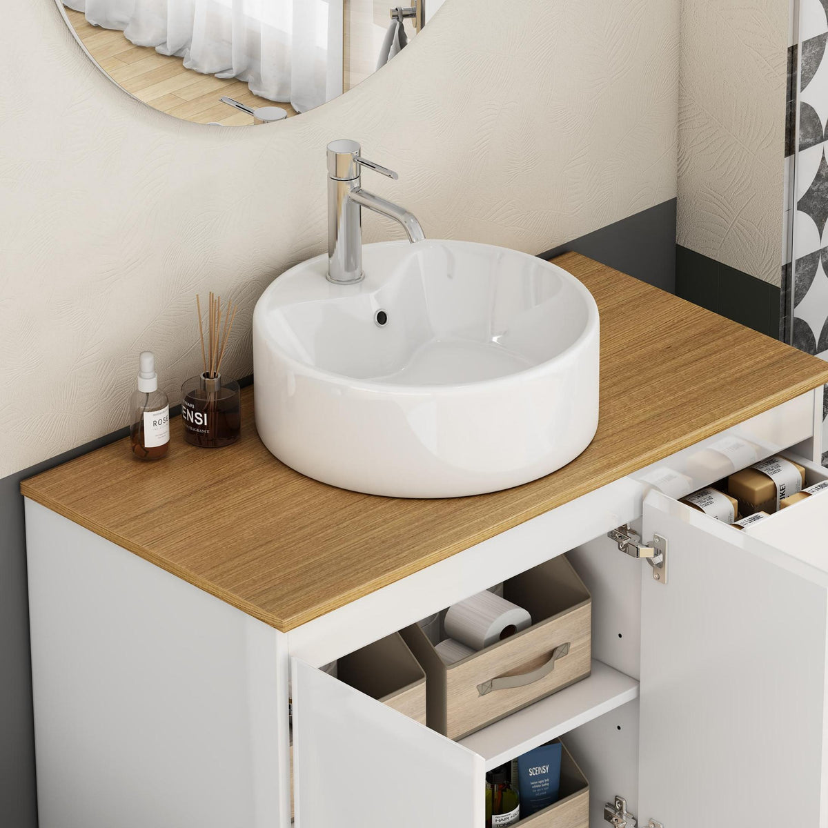 Glossy white round ceramic vessel sink for bathroom by Anthony & Home, showcasing a sleek, modern design with a smooth finish.