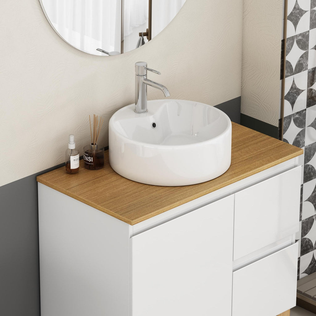 Glossy white round ceramic vessel sink for bathroom by Anthony & Home, shown from top view highlighting smooth, shiny surface.