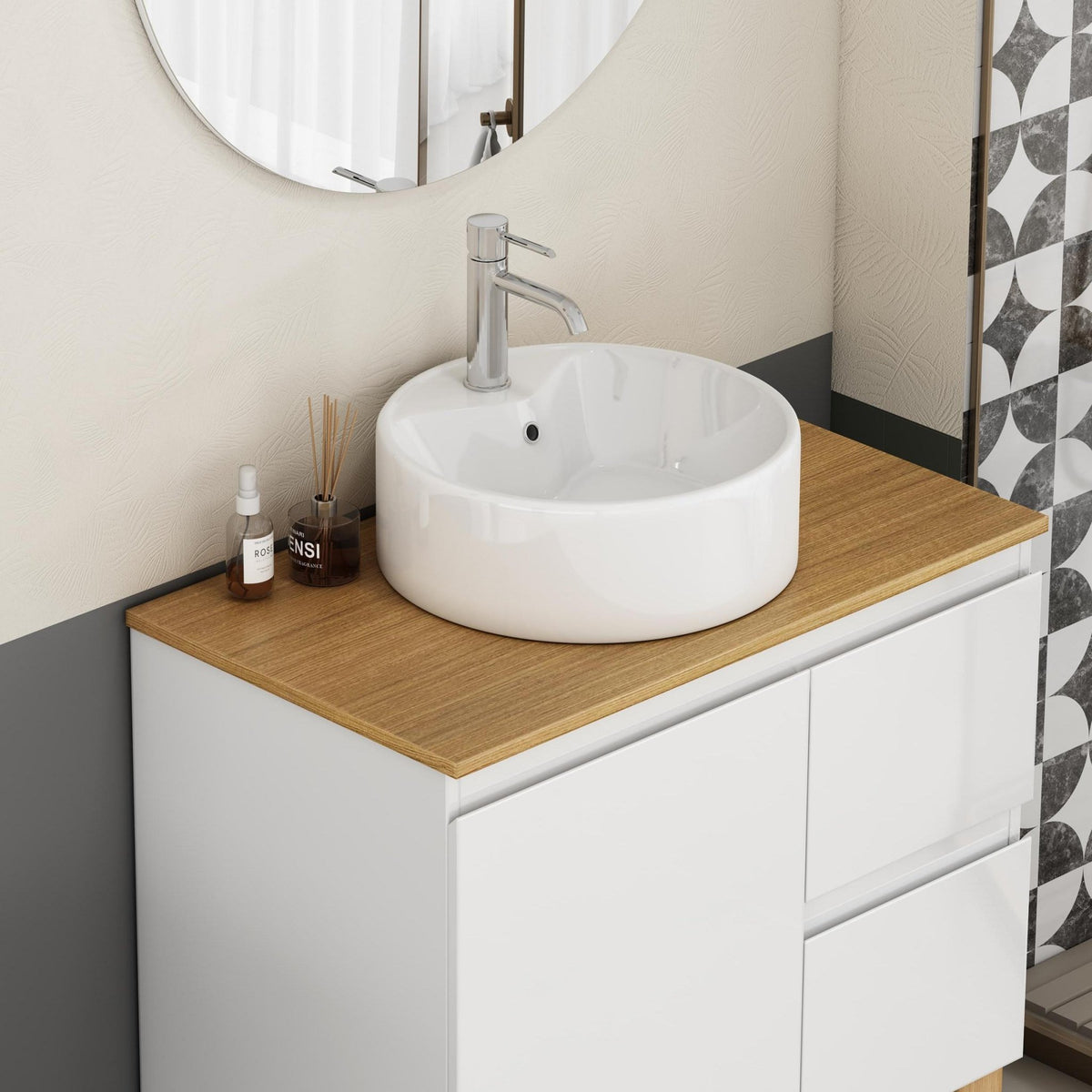 Glossy white round ceramic vessel sink for bathroom by Anthony & Home, shown from top view highlighting smooth, shiny surface.