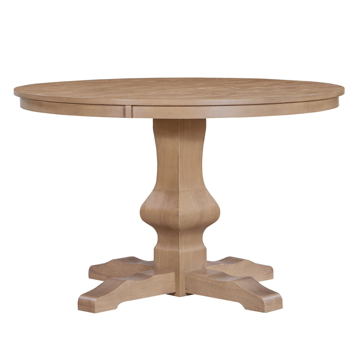 Round rubberwood dining table with natural finish from Anthony & Home's Prestige Collection, showcasing a sleek, modern design.