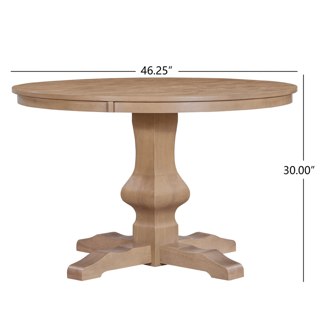 Round rubberwood dining table with natural finish from Anthony & Home Prestige Collection, showcasing a sleek, polished surface.