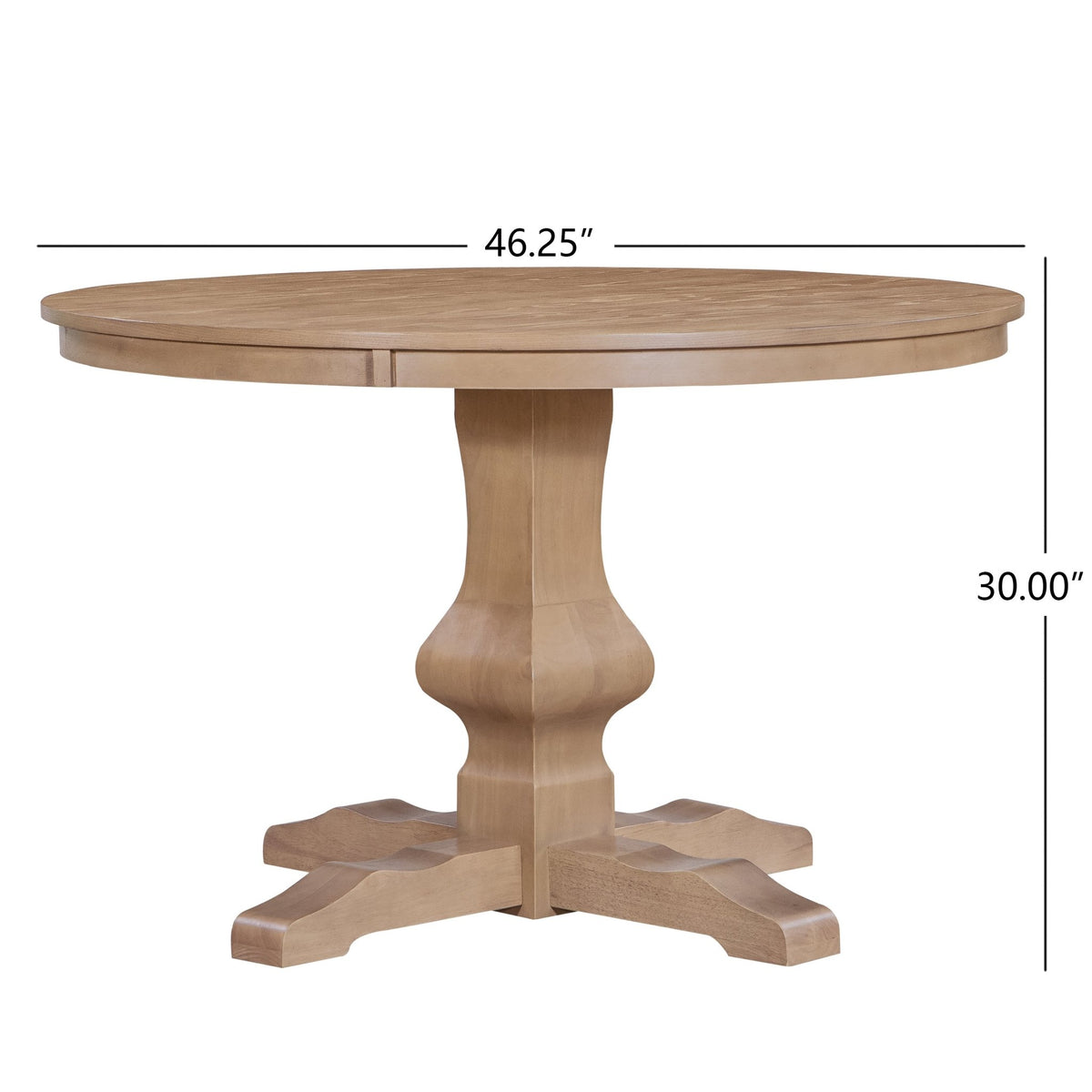 Round rubberwood dining table with natural finish from Anthony & Home Prestige Collection, showcasing a sleek, polished surface.