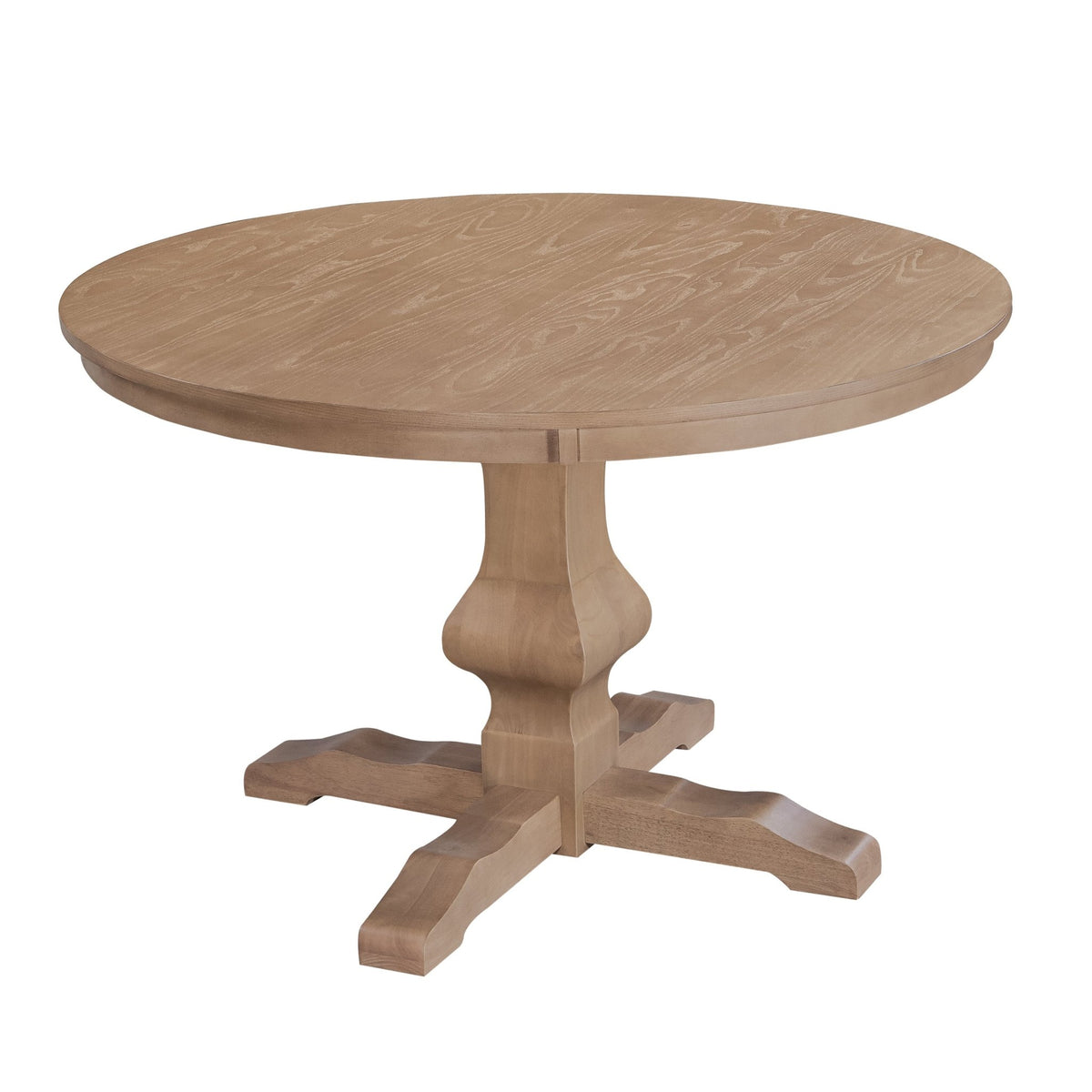 Round rubberwood dining table with natural finish from Anthony & Home's Prestige Collection, showcasing a sleek, modern design.