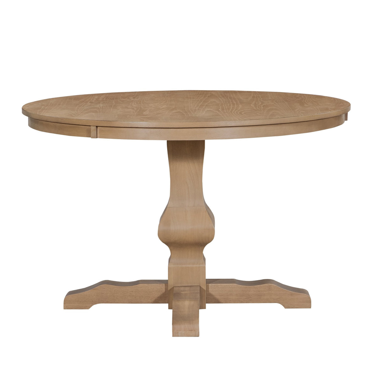 Round rubberwood dining table with natural finish from the Anthony & Home Prestige Collection, exclusive edition.