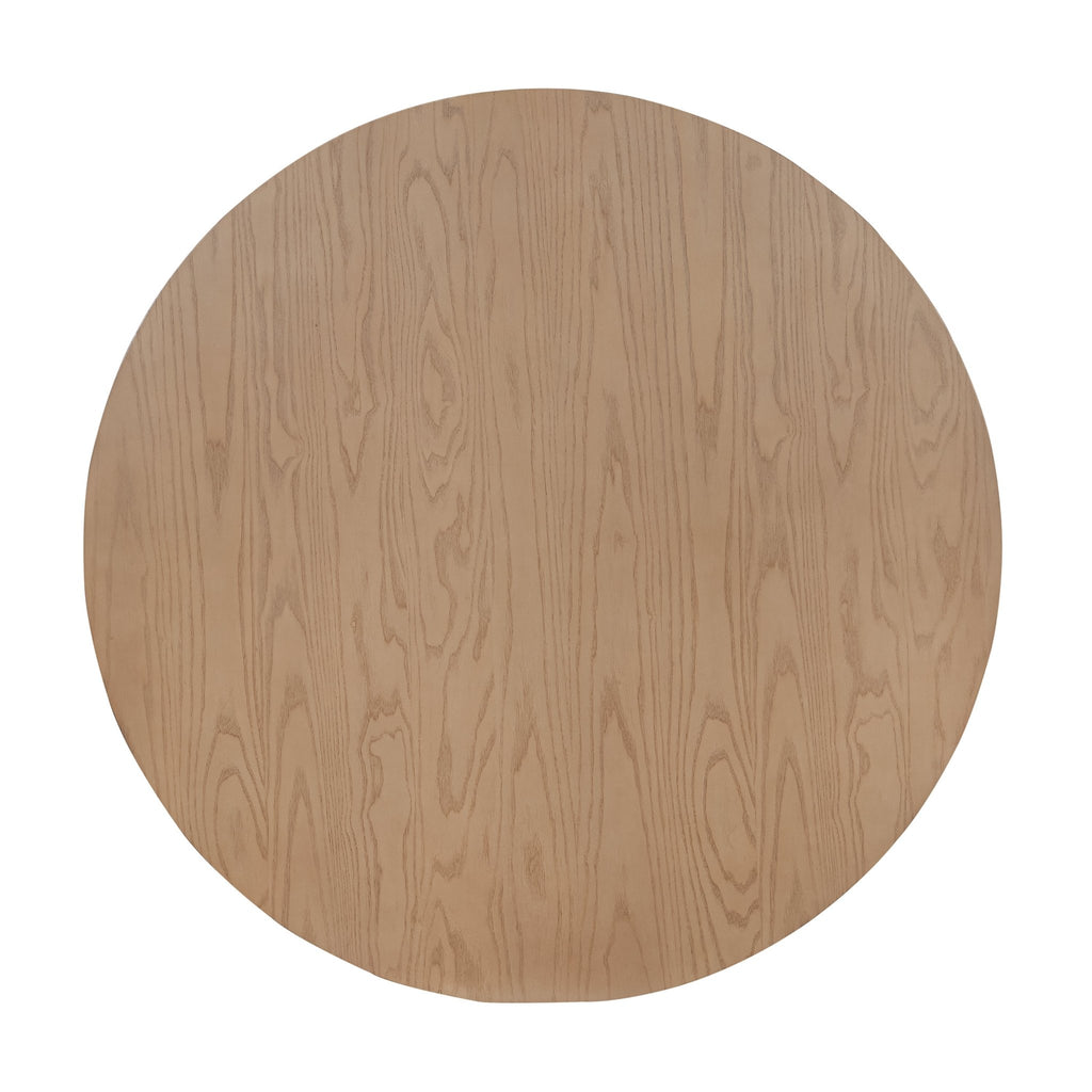 Round rubberwood dining table with natural finish from Anthony & Home's Prestige Collection, showcasing a sleek, modern design.
