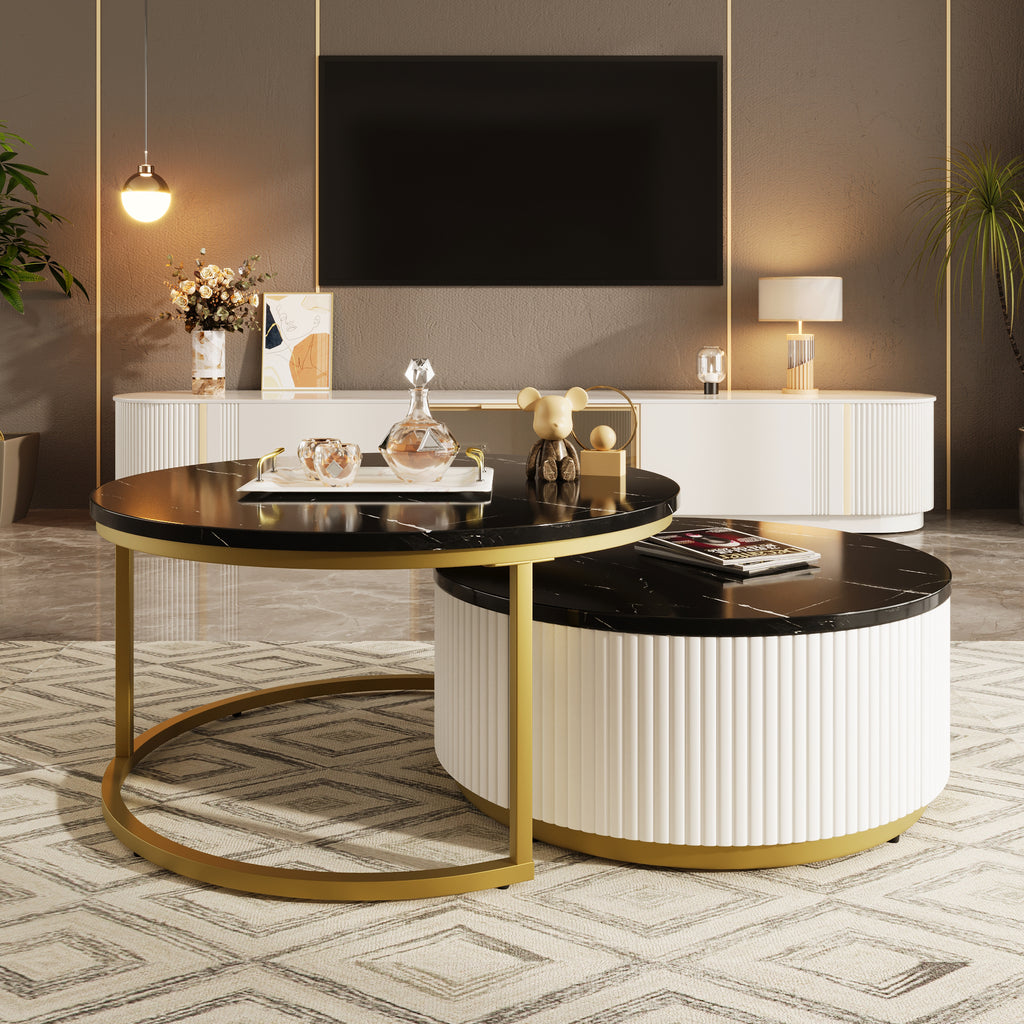 Black gold round nesting coffee tables by Anthony & Home with fluted drawers, stylish and modern living room accent pieces.