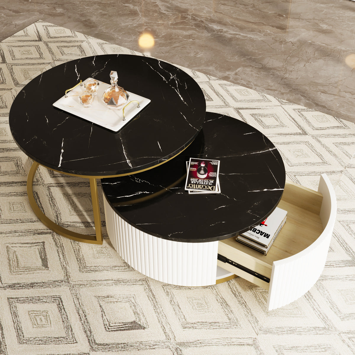 Black gold round nesting coffee tables with fluted drawers from Anthony & Home, featuring sleek modern design.