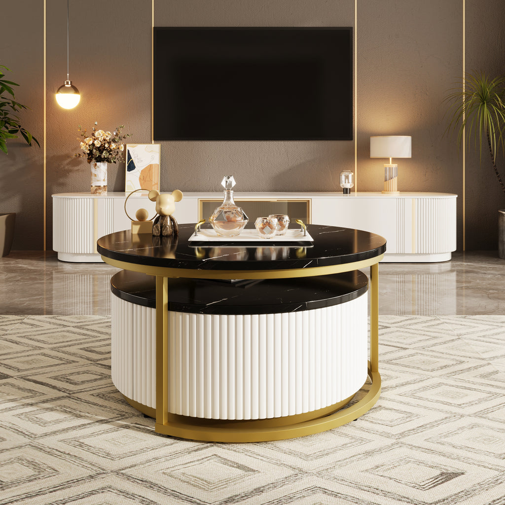 Round nesting coffee table by Anthony & Home with black gold finish and fluted drawer design, showcasing a modern, elegant look.