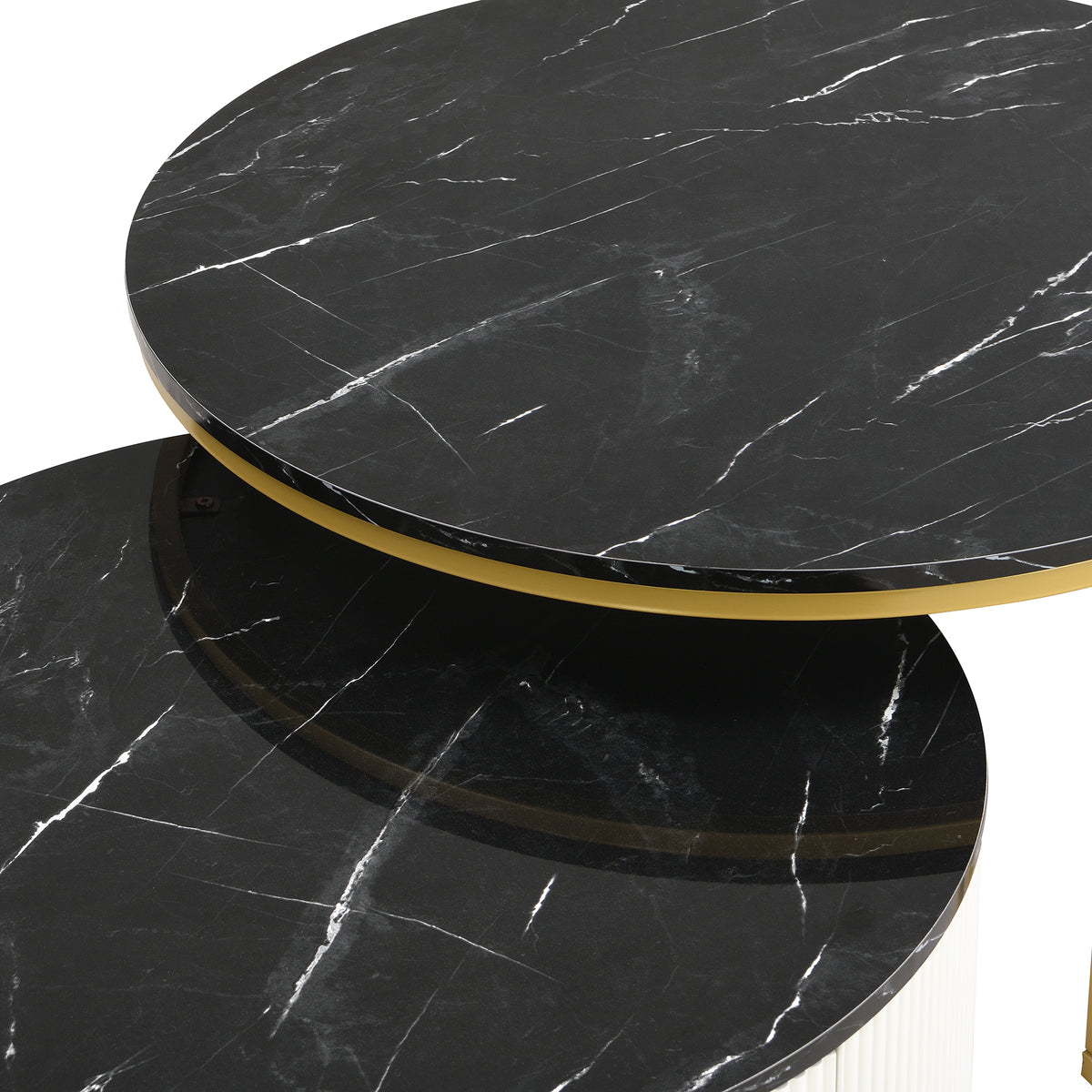 Black gold round nesting coffee table with fluted drawer design by Anthony & Home, showcasing a modern, elegant living room setup.