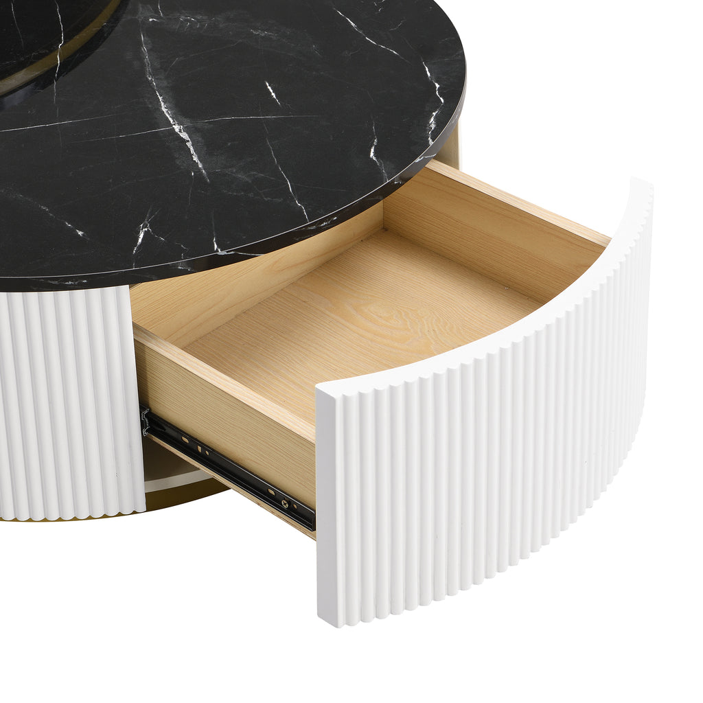 Black gold round nesting coffee table with a fluted drawer from Anthony & Home, modern and stylish living room accent piece.