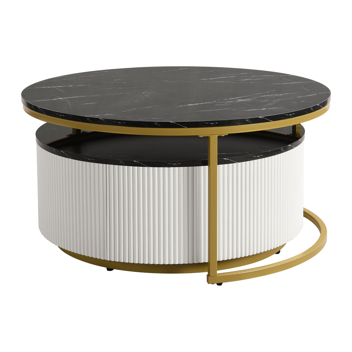 Black gold round nesting coffee table with fluted drawer by Anthony & Home, showcasing sleek modern design and elegant finish.