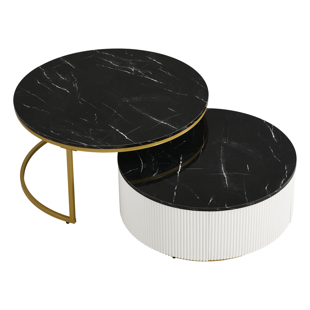Black and gold round nesting coffee table with a fluted drawer by Anthony & Home, showcasing sleek modern design and smooth surfaces.