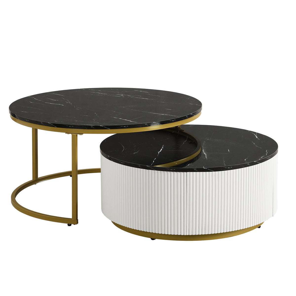 Black and gold round nesting coffee table with fluted drawer by Anthony & Home, showcasing sleek modern design and smooth surface.