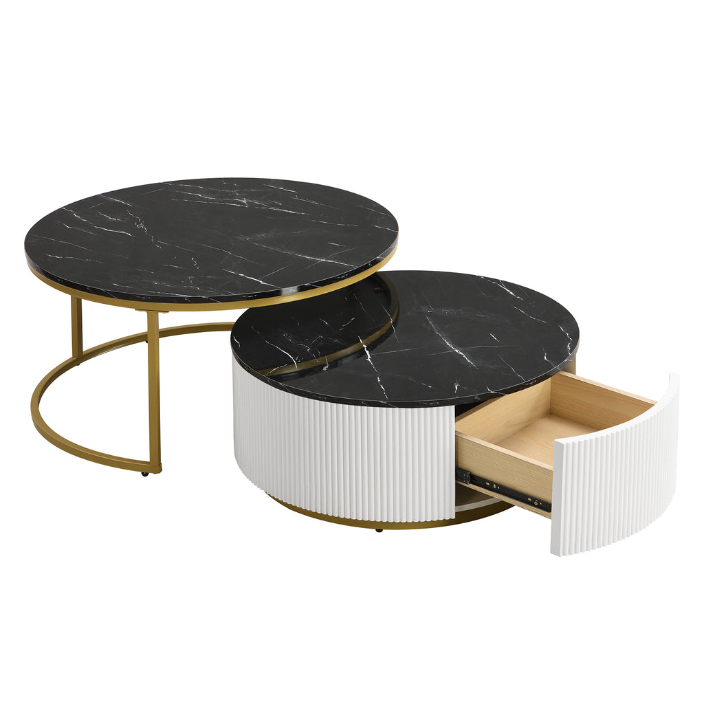 Black gold round nesting coffee table with fluted drawer by Anthony & Home, showcasing sleek modern design and textured drawer detail.
