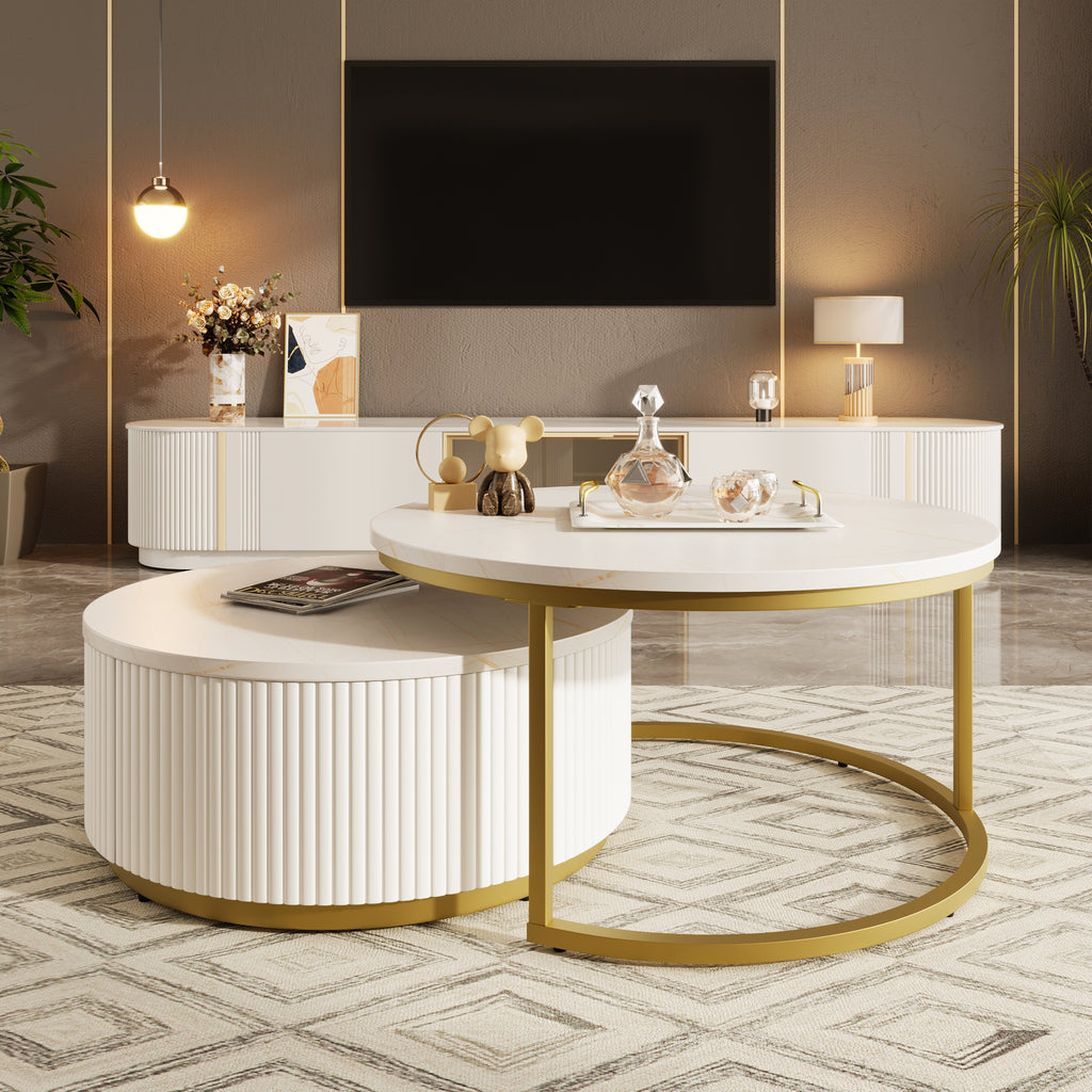 Round nesting coffee table with white gloss top and gold fluted base from Anthony & Home's Signature Collection.