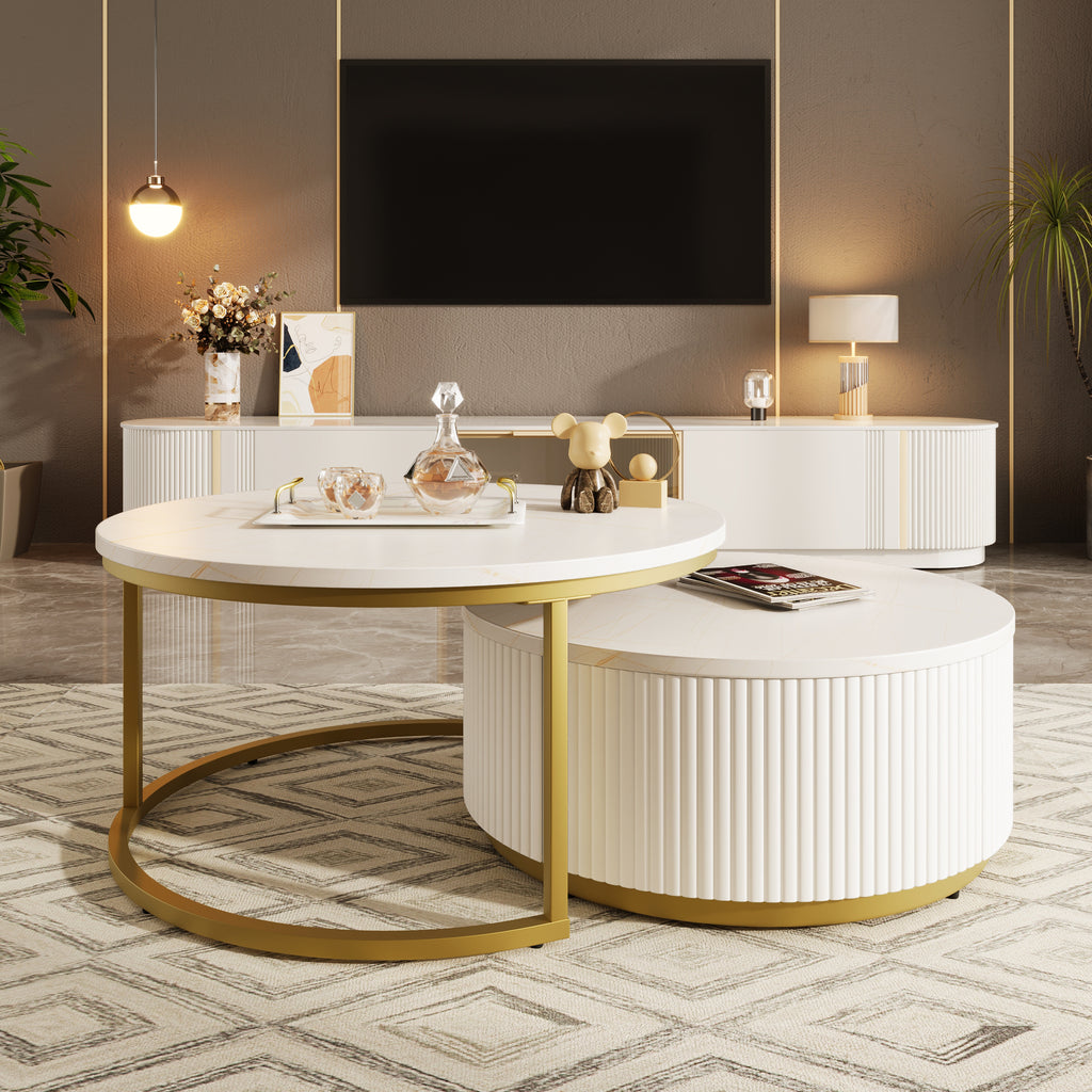 Round nesting coffee table with a white gloss top and gold fluted base by Anthony & Home from the Signature Collection.