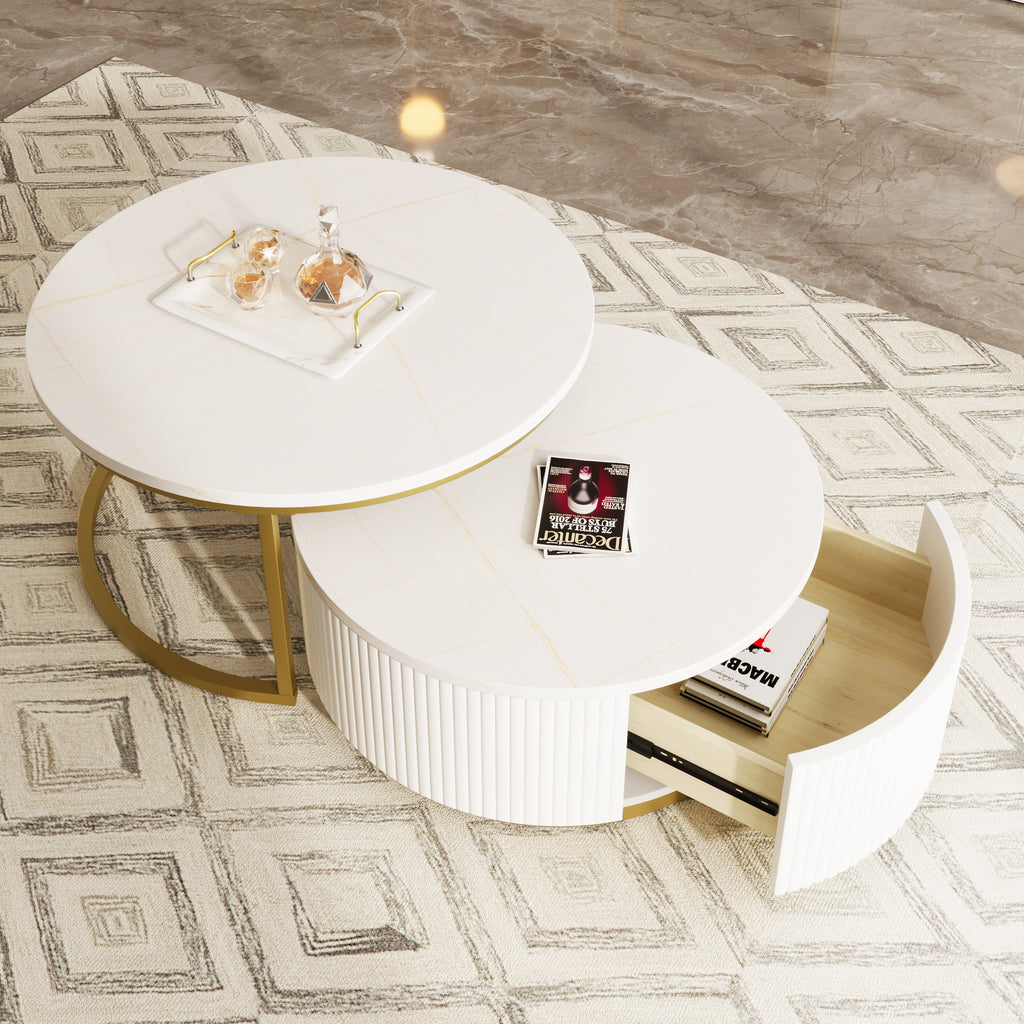 Round nesting coffee table with white gloss top and gold fluted base from Anthony & Home Signature Collection.