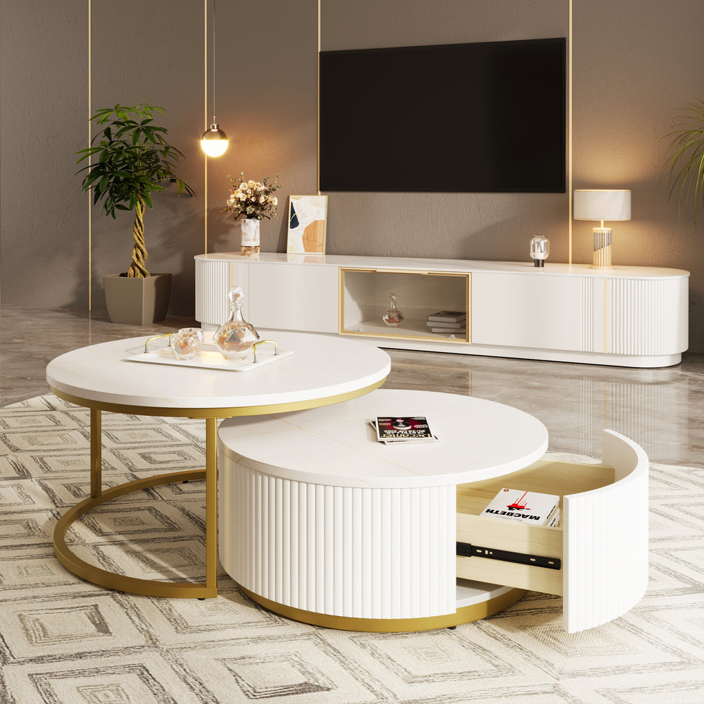 Round nesting coffee table with white gloss top and gold fluted base from Anthony & Home Signature Collection