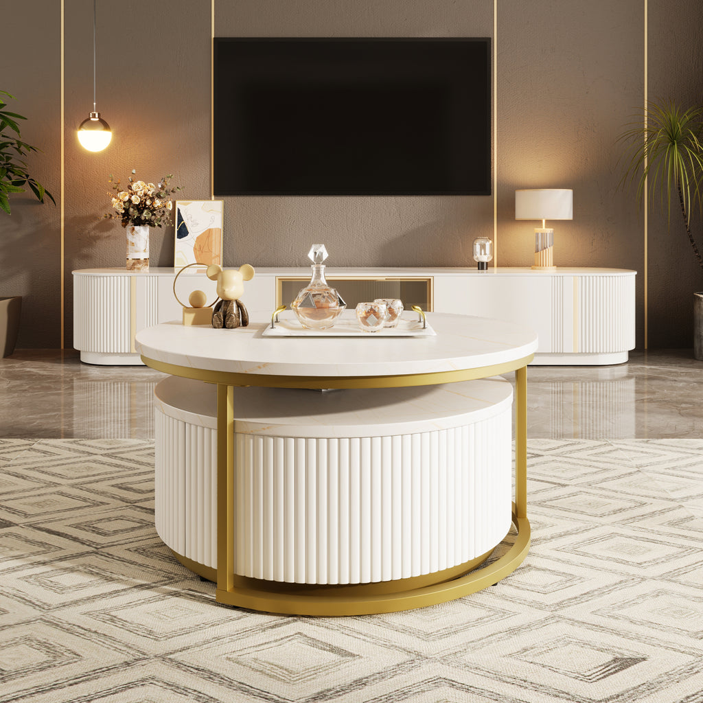 Round nesting coffee table with white gloss top and gold fluted base by Anthony & Home from the Signature Collection.