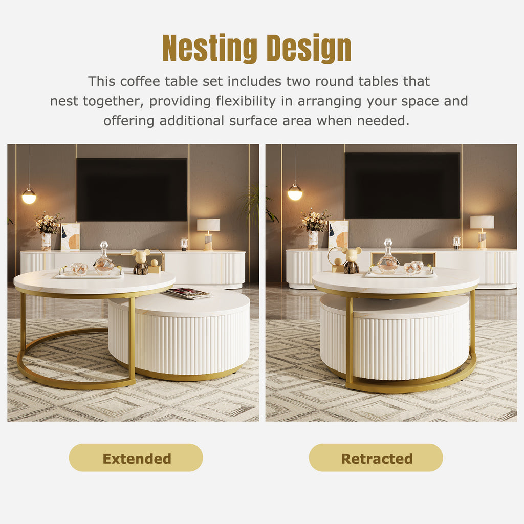 Round nesting coffee table with white gloss top and gold fluted base from Anthony & Home Signature Collection
