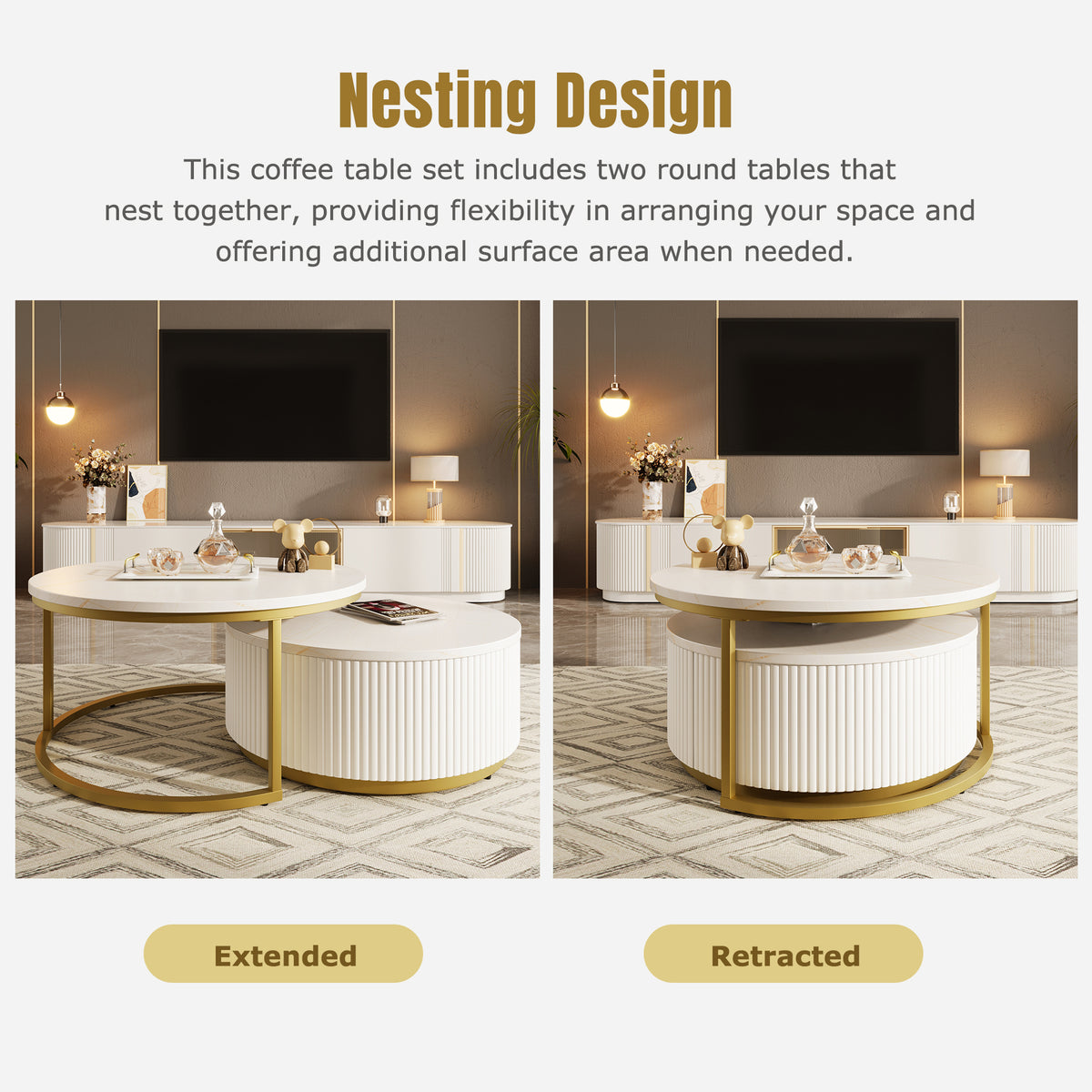 Round nesting coffee table with white gloss top and gold fluted base from Anthony & Home Signature Collection