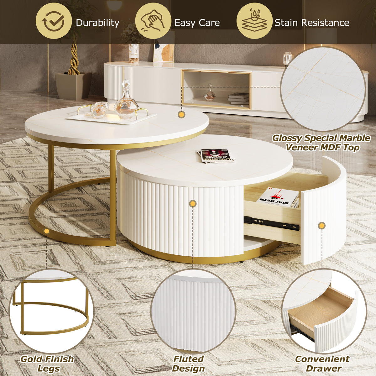 Anthony & Home round nesting coffee table with white gloss top and gold fluted base, modern living room decor.