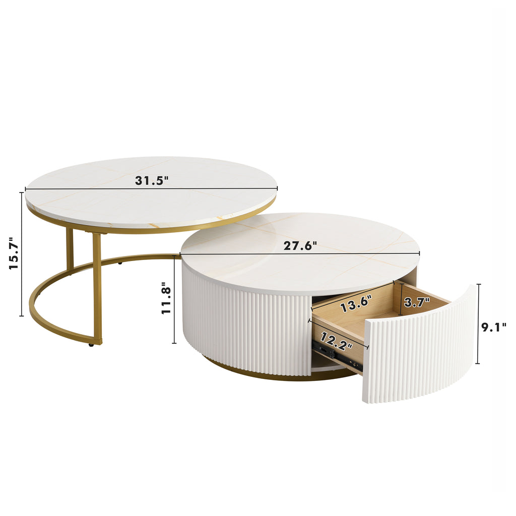 Round nesting coffee table with white gloss top and gold fluted base from Anthony & Home's Signature Collection.