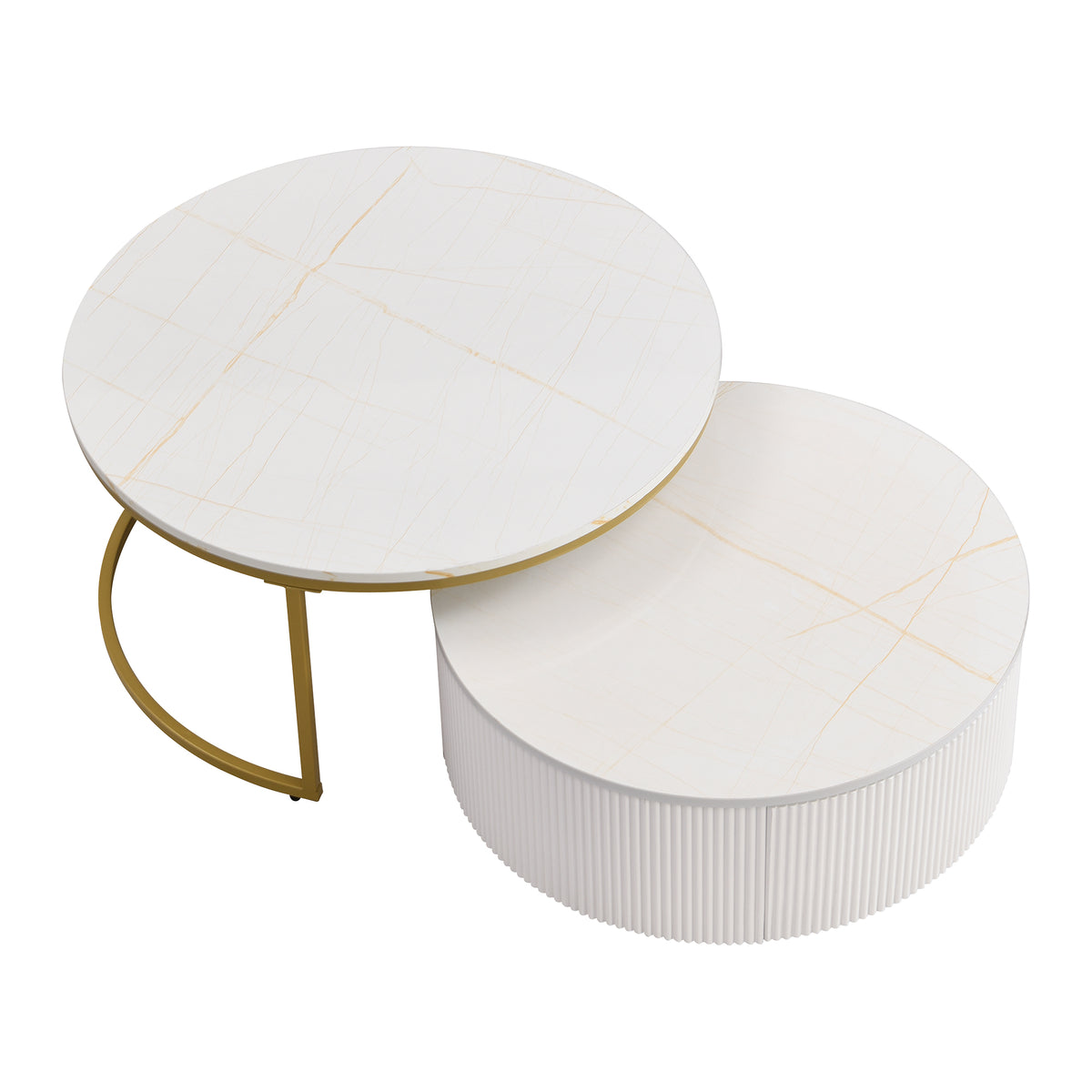 Round nesting coffee table with white gloss top and gold fluted base from Anthony & Home Signature Collection.