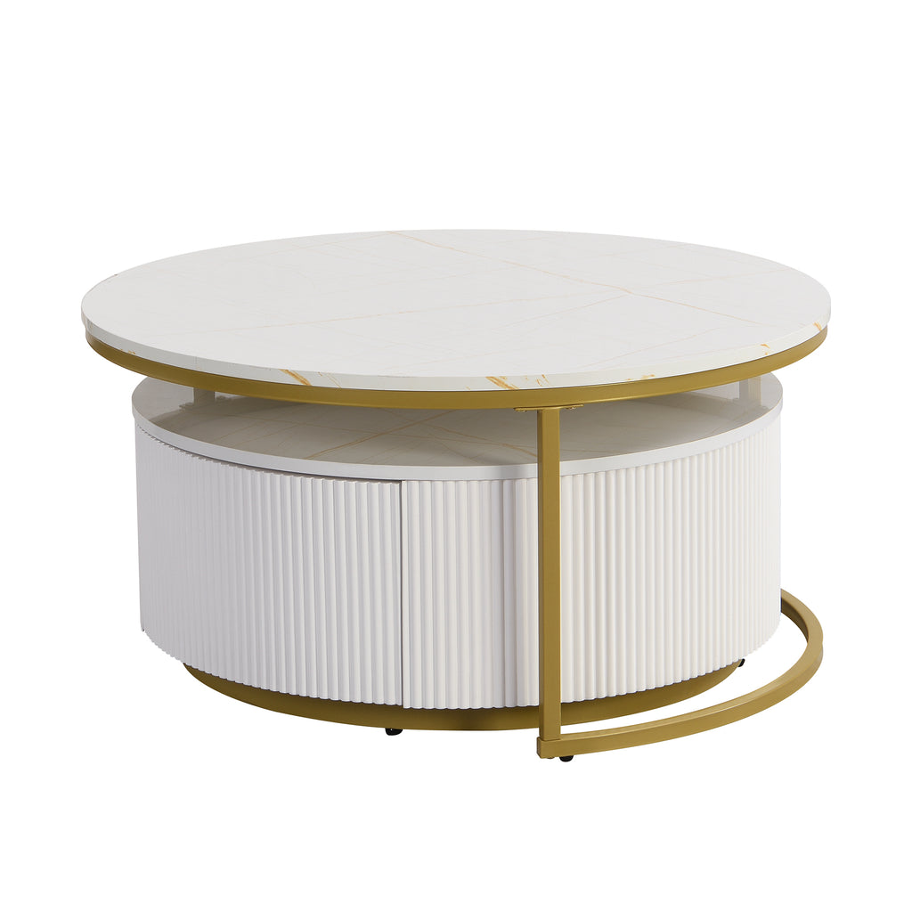 Round nesting coffee table with a white gloss top and gold fluted base from Anthony & Home Signature Collection.