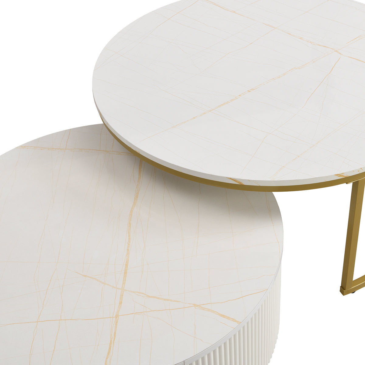 Round nesting coffee table with white gloss top and gold fluted base from Anthony & Home Signature Collection.