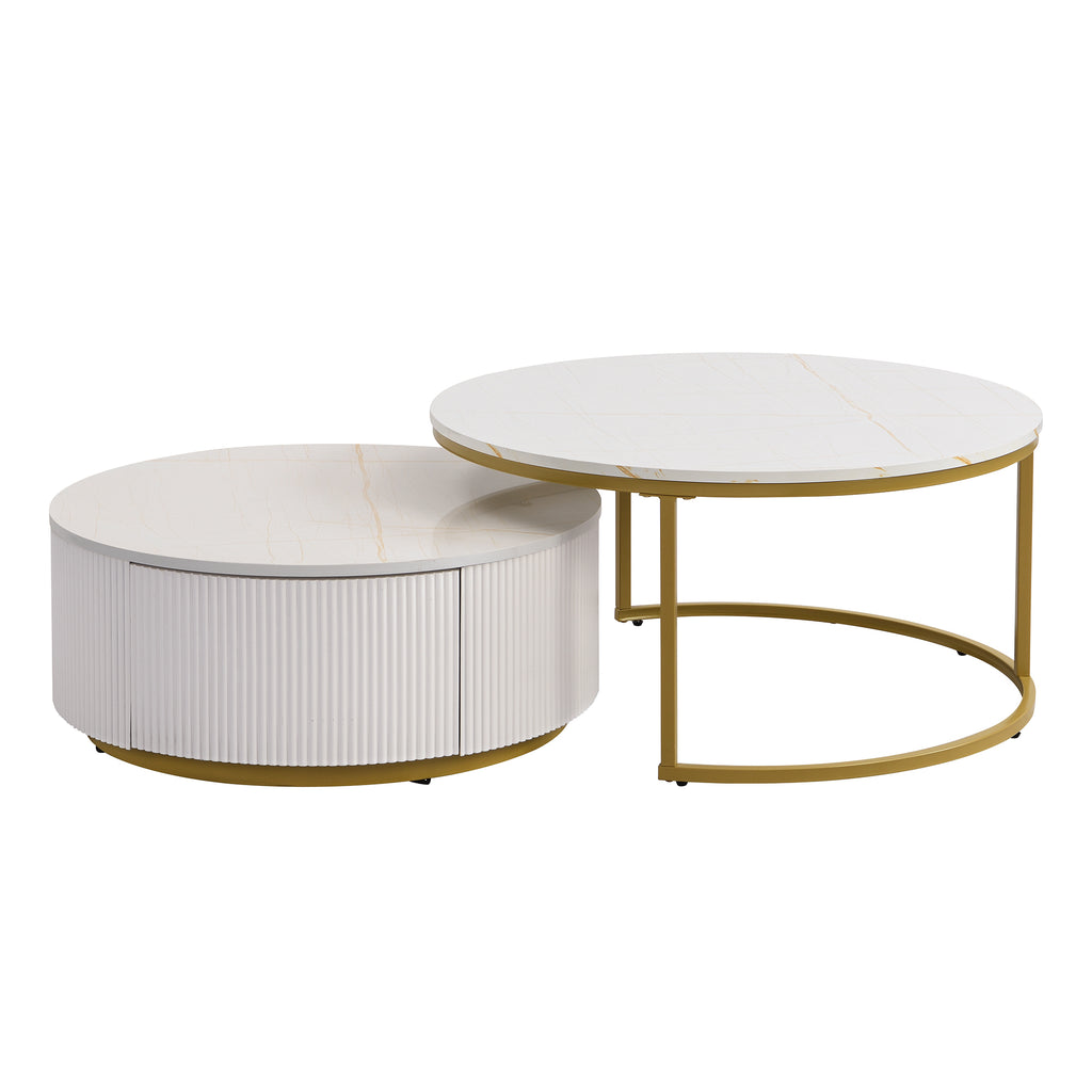 Round nesting coffee table with white gloss top and gold fluted base from Anthony & Home Signature Collection.