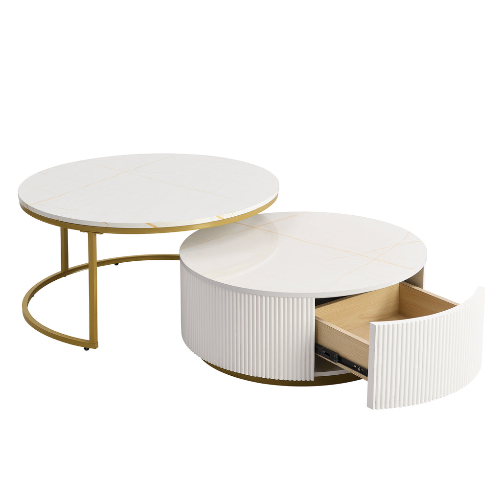 Round nesting coffee table with white gloss top and gold fluted base from Anthony & Home Signature Collection