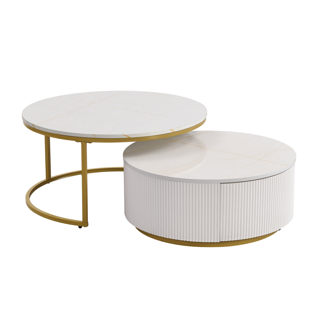 Round nesting coffee table with white gloss top and gold fluted base from Anthony & Home Signature Collection.