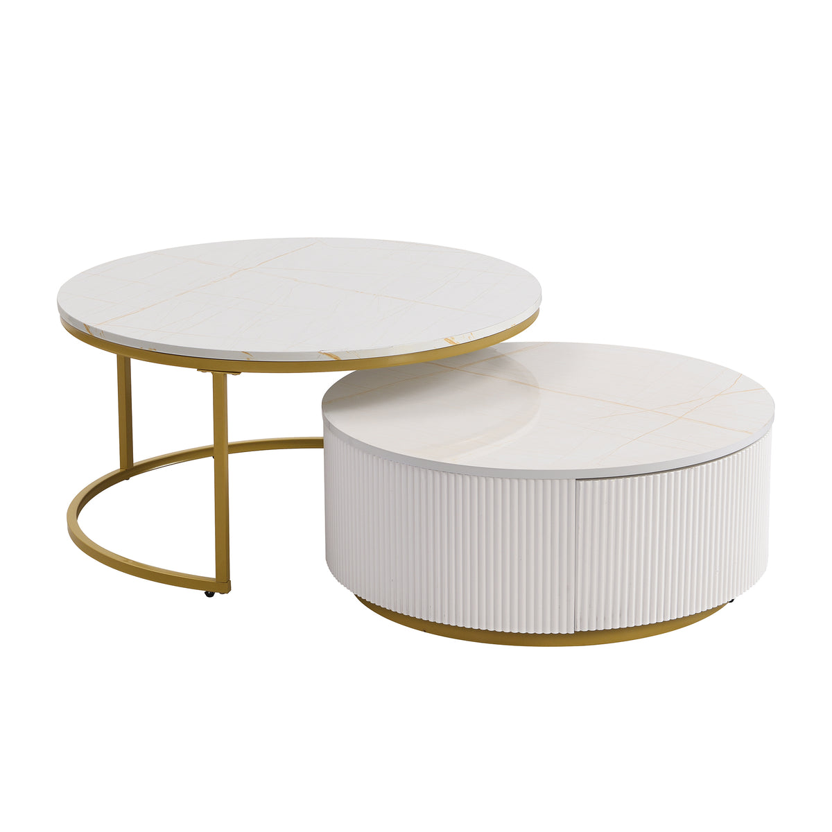 Round nesting coffee table with white gloss top and gold fluted base from Anthony & Home Signature Collection.