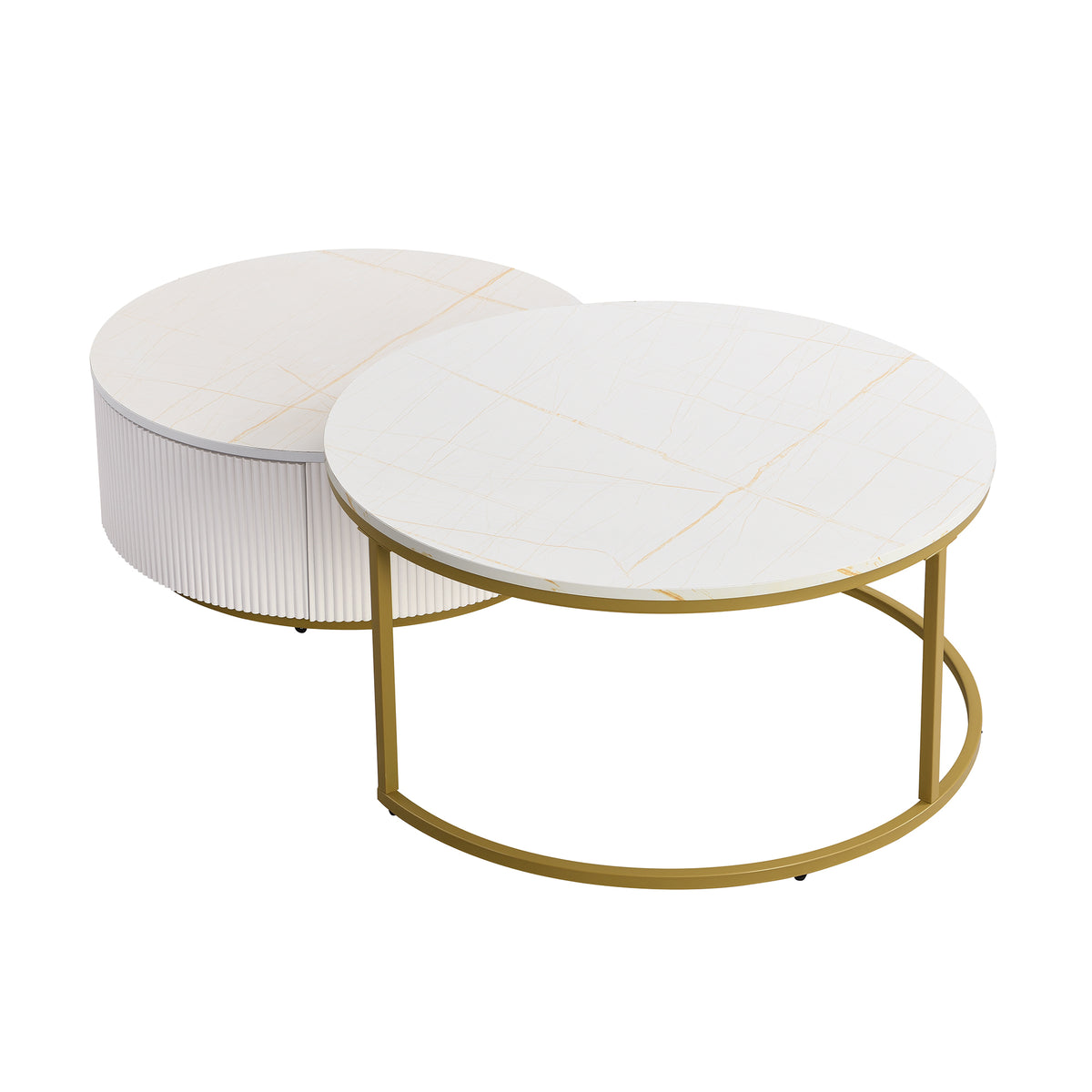 Round nesting coffee table with white gloss top and gold fluted base from Anthony & Home Signature Collection