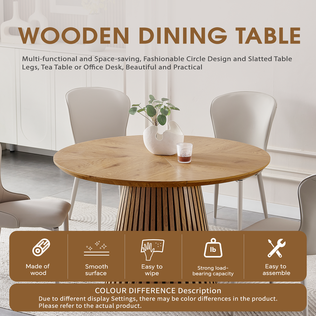 Round solid wood dining table from Anthony & Home's Atelier Collection, showcasing smooth surface and sturdy wooden legs.