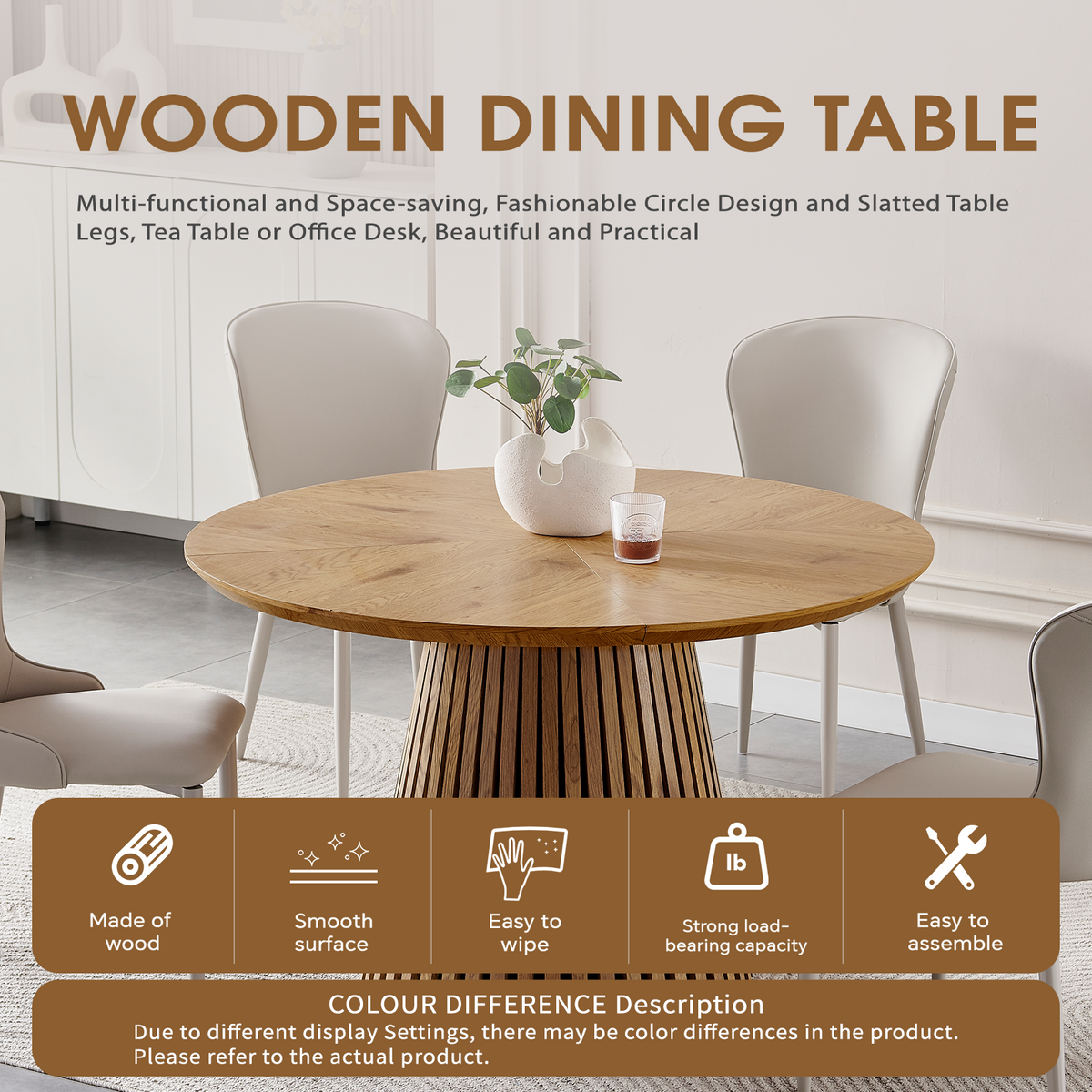 Round solid wood dining table from Anthony & Home's Atelier Collection, showcasing smooth surface and sturdy wooden legs.