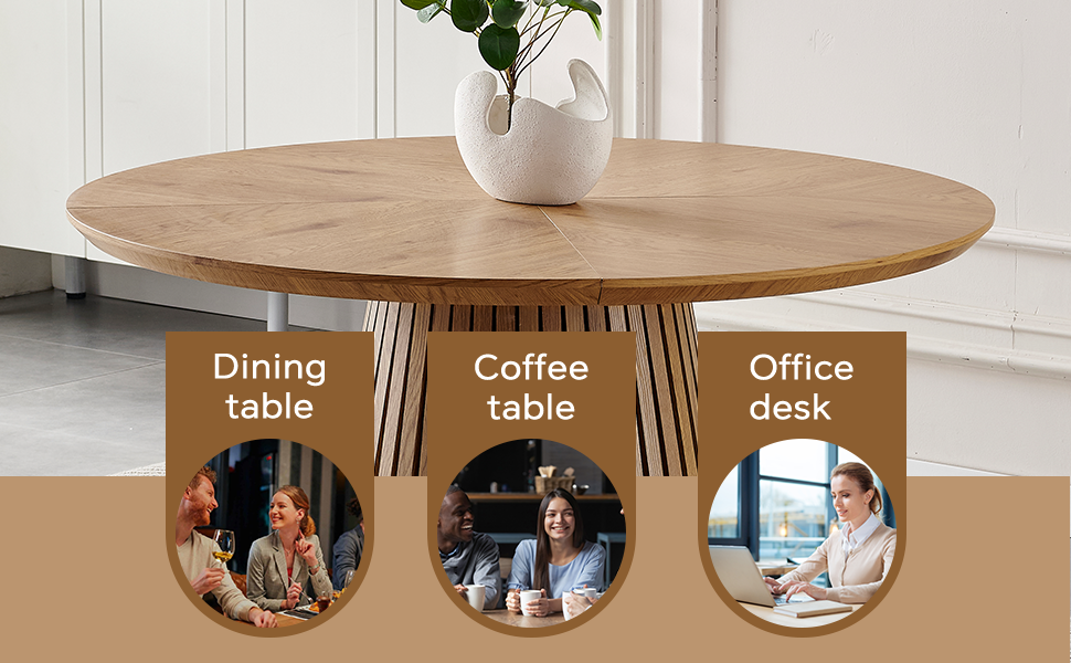Round solid wood dining table from the Atelier Collection by Anthony & Home, showcasing a smooth wooden surface and sturdy legs.