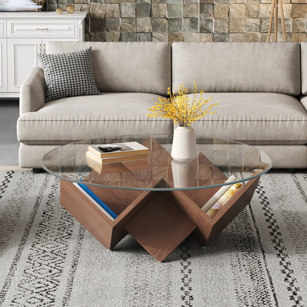 Round walnut coffee table with glass top and geometric art deco base from Anthony & Home's Atelier Collection.