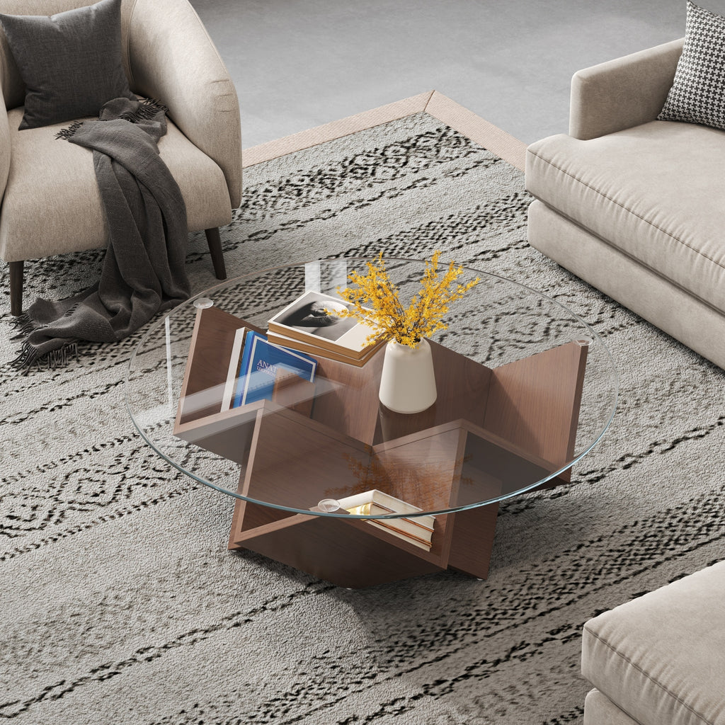 Round walnut coffee table with glass top and geometric Art Deco base by Anthony & Home in the Atelier Collection.