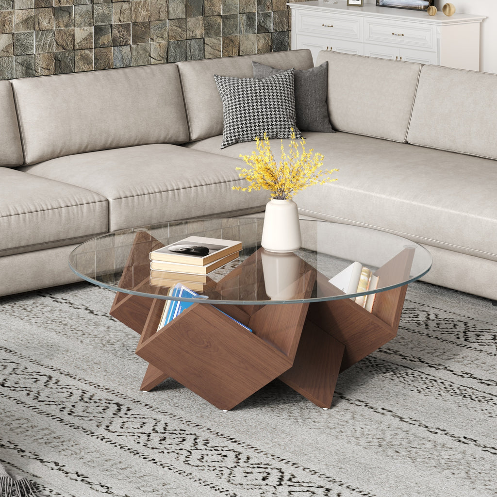 Round walnut coffee table with glass top and geometric art deco base from Anthony & Home's Atelier Collection.