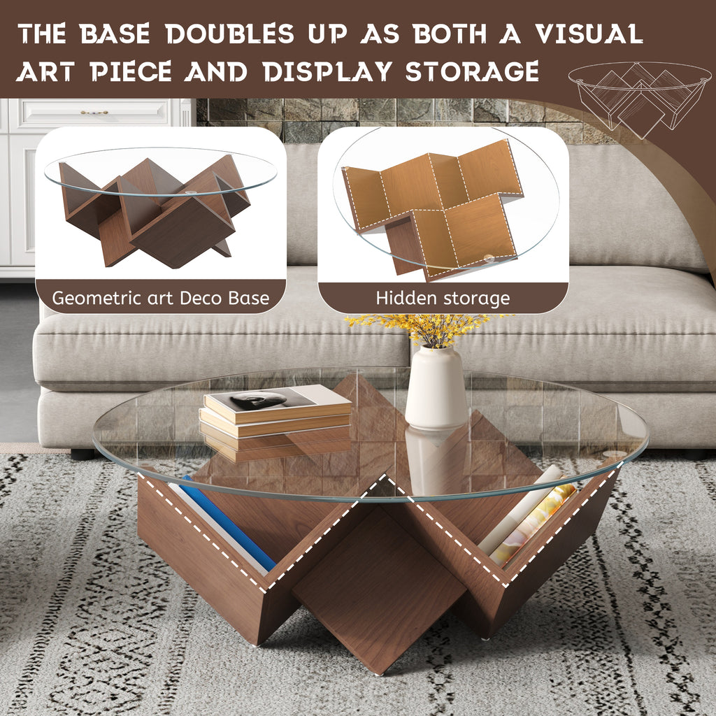 Round walnut coffee table with glass top and geometric Art Deco base by Anthony & Home from the Atelier Collection.
