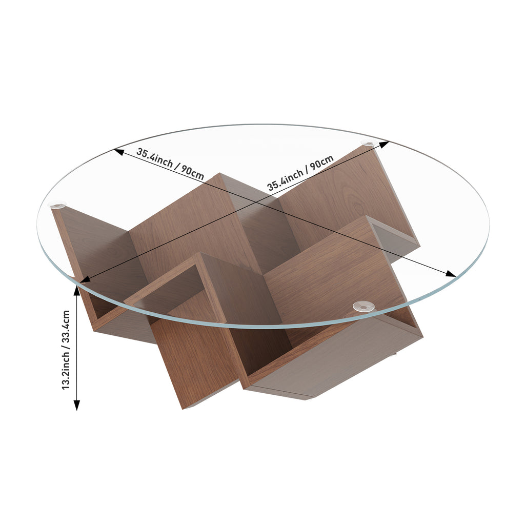 Round walnut coffee table with glass top and geometric art deco base by Anthony & Home from the Atelier Collection.